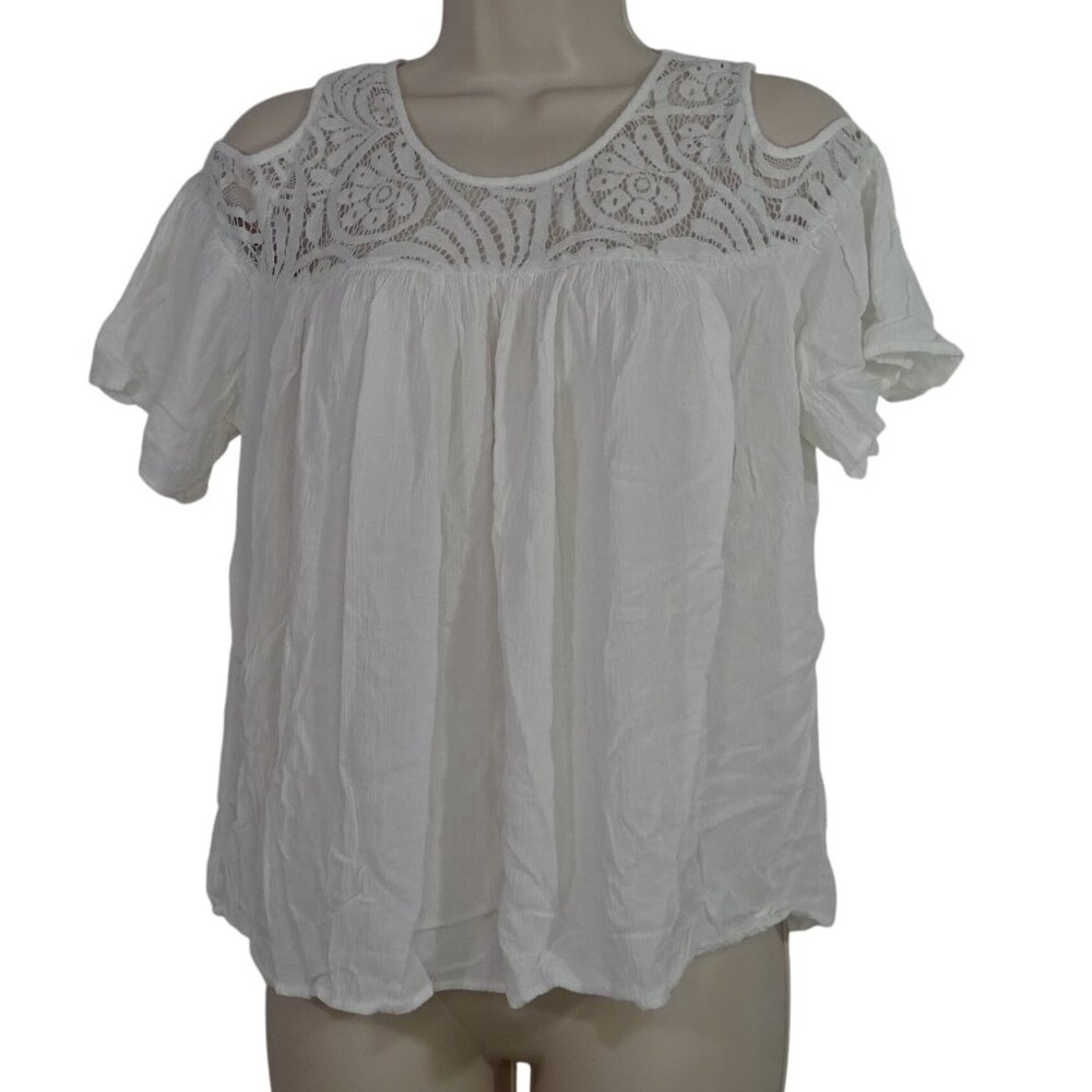 a.n.a. A New Day White Cold Shoulder Lace Yoke Top Women Size M Semi-sheer